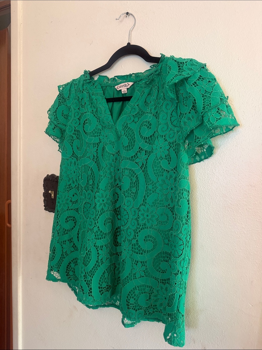 Nanette Nanette Lepore Green Lace Ruffle Sleeve Blouse Size M